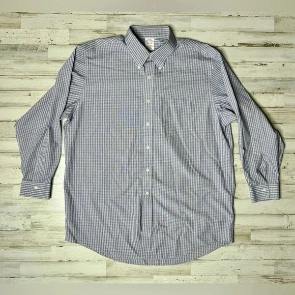 Brooks Brothers Blue Vertical Checked Shirt Mens 17-33 Button Up Long Sleeve - Picture 1 of 13